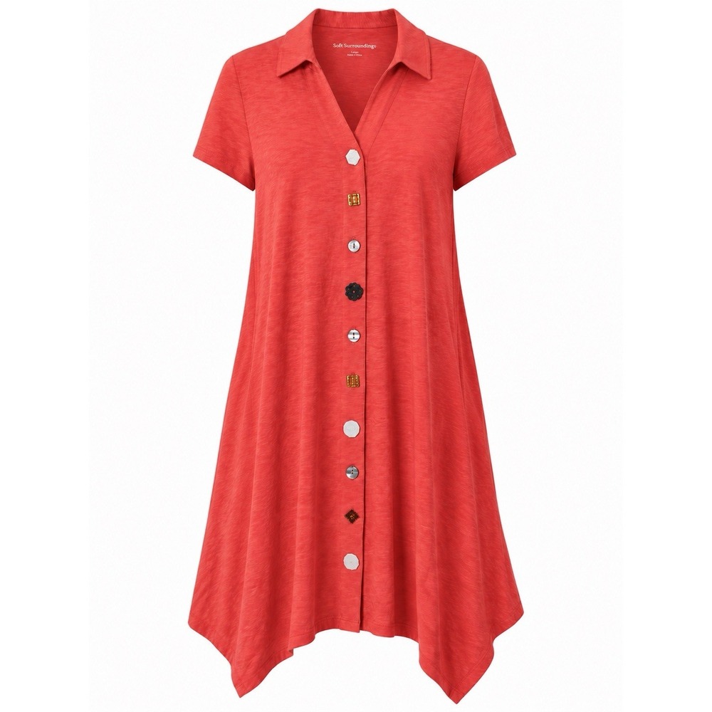 NWT Soft Surroundings Danielle Coral‎ Button Shirt Dress L Cotton Artsy Boho